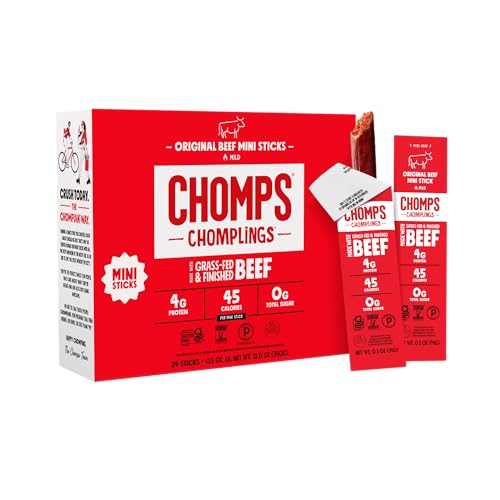 Chomps Snack Size Grass-Fed Original Beef Jerky Snack Sticks 0.5oz 24-Pack – Keto, Paleo, Whole30, 4g Lean Meat Protein, Gluten-Free, Zero Sugar Food, Non-GMO Chomplings