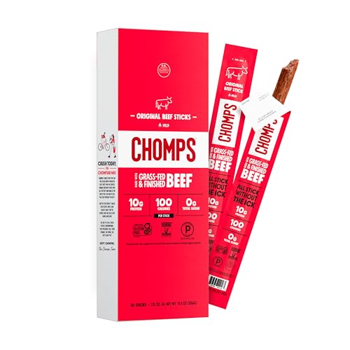 Chomps Grass-Fed and Finished Original Beef Jerky Snack Sticks 10-Pack – Keto, Paleo, Whole30, 10g Lean Meat Protein, Gluten-Free, Zero Sugar Food, Non-GMO